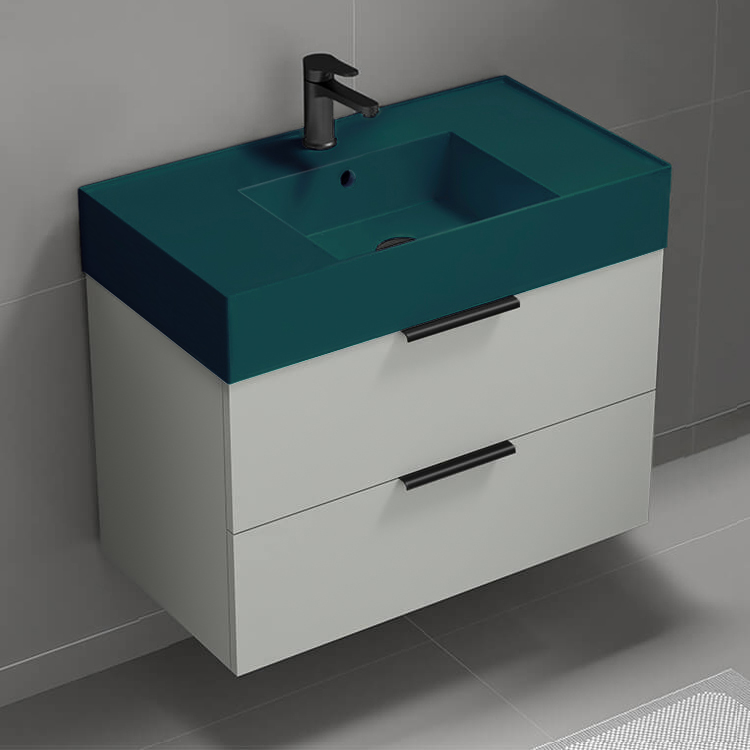 Nameeks DERIN313 Green Sink Bathroom Vanity, Wall Mounted, Modern, 32 Inch, Grey Mist